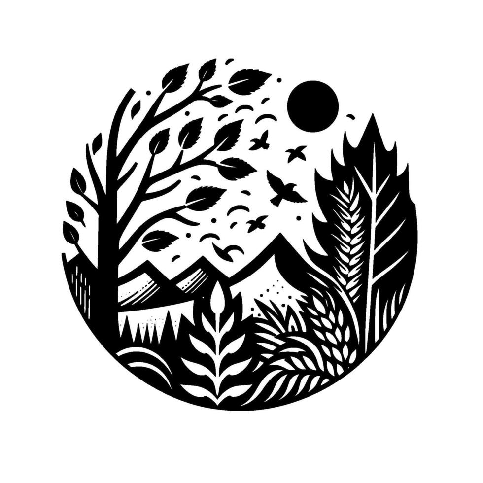 Serene Black White Circular Scene Mountains, Trees, Plants, Birds, and Sun in a NatureInspired Landscape vector