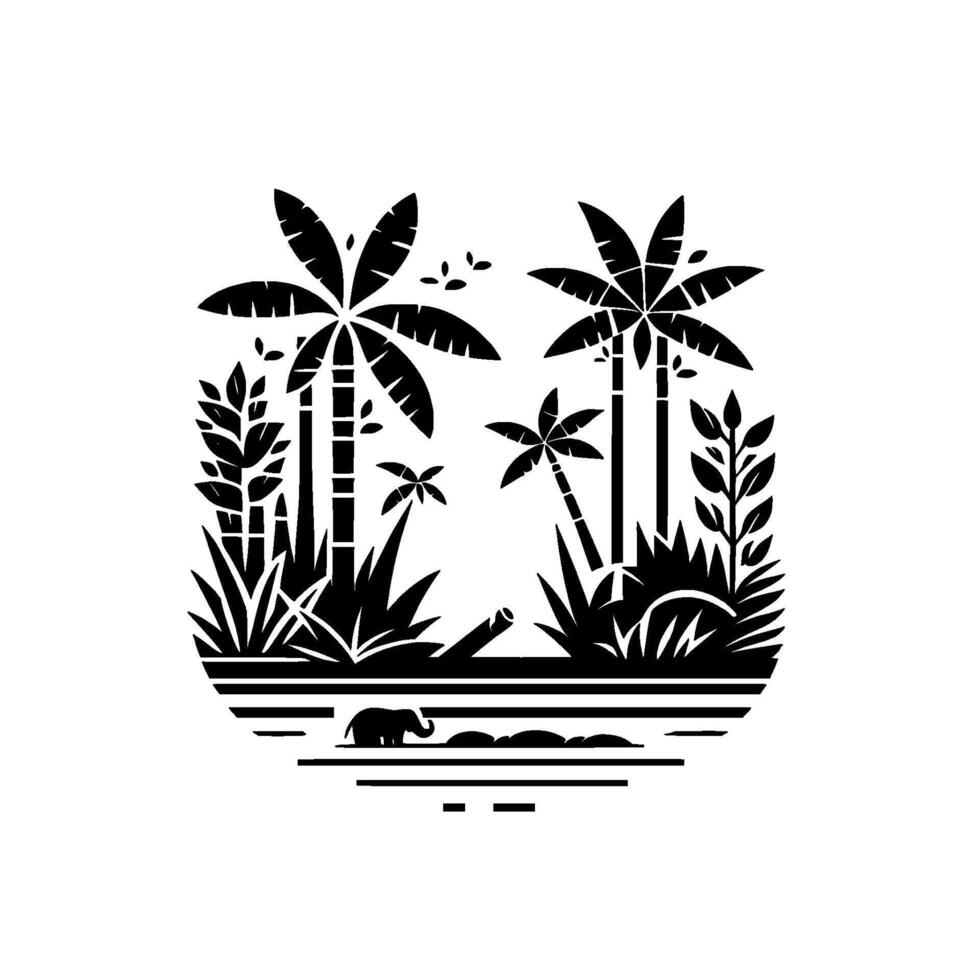 Monochrome Tropical Oasis A stylized, black and white landscape featuring palm trees, lush foliage, a small elephant, and a serene body of water, all contained within an oval. vector