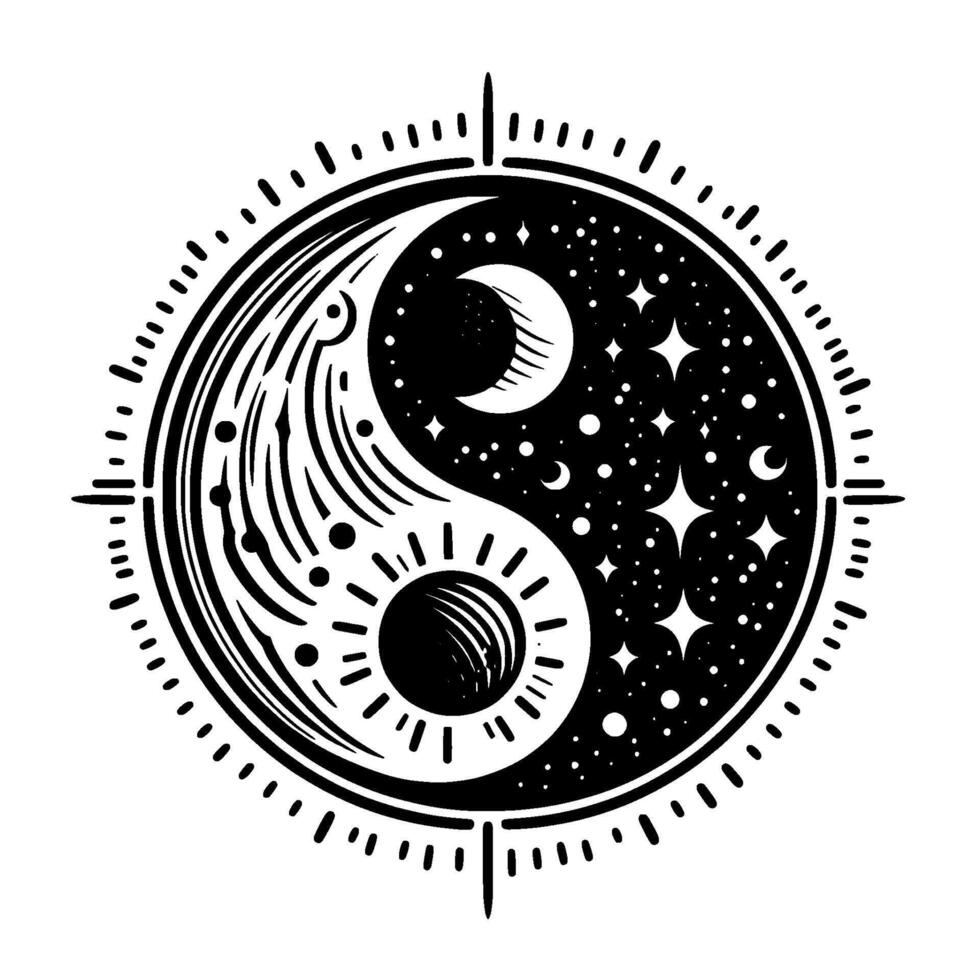 Yin Yang Symbol with Celestial Elements Moon, Stars, Sun, and Compass Rose in a Style on White. vector