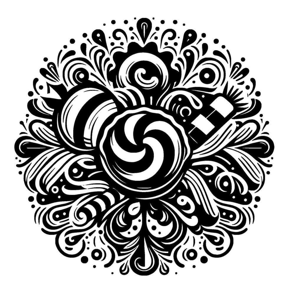An ornate, circular black and white illustration featuring a stylized arrangement of hard candies, swirls, and decorative filigree elements in a symmetrical composition. vector