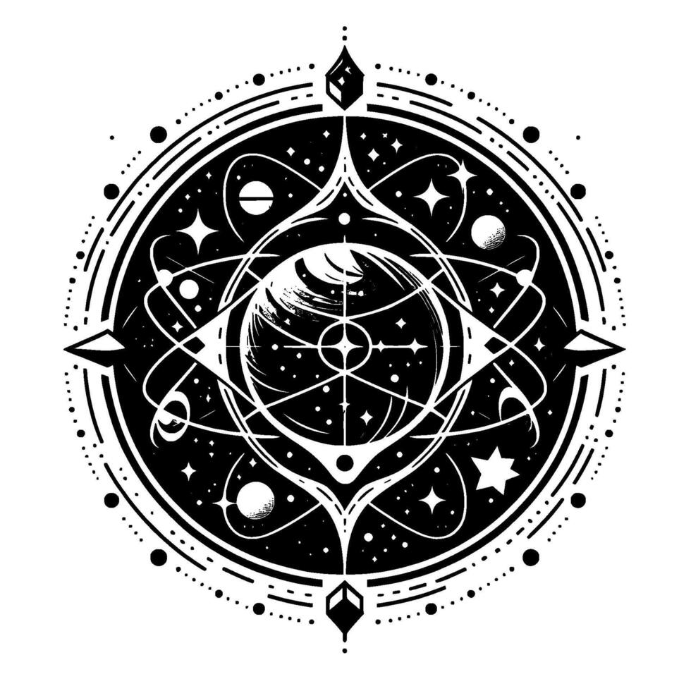 Mystical Celestial Mandala Intricate Black White Cosmic , Orbiting Planets, Stars, and Geometric Lines. vector