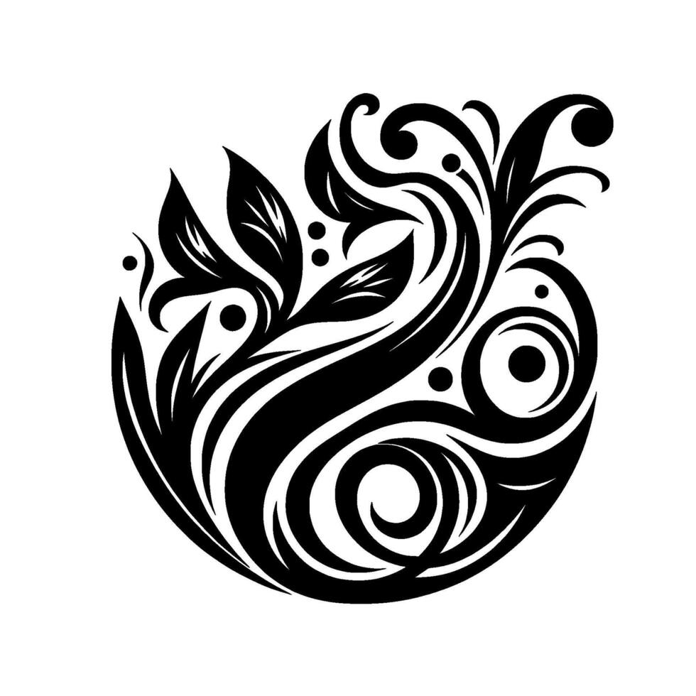 Intricate Black and White Floral Paisley A symmetrical composition of swirling leaves, dots, and circular patterns evoking elegance and natures beauty. vector
