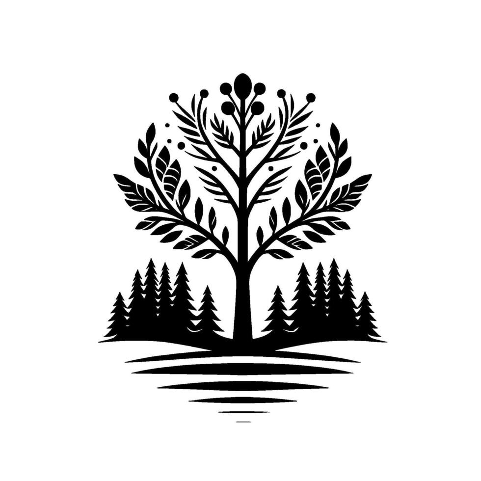 Stylized Black and White Forest Scene A Majestic Tree with Ornate Foliage, Surrounded by Evergreen Silhouette and Symbolic Water Reflections. vector