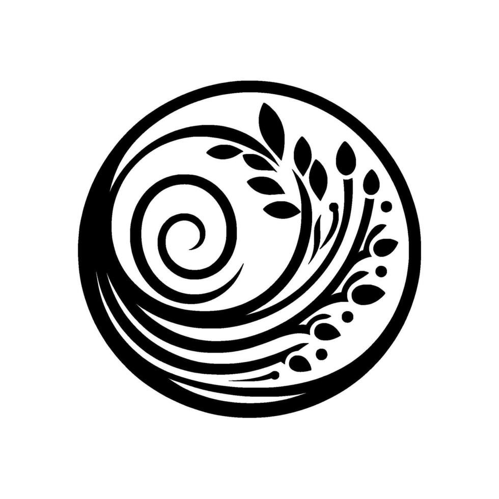 Circular Black and White Featuring Swirling Lines, Foliage, and Leaves, Creating a Decorative Monochromatic Motif. vector