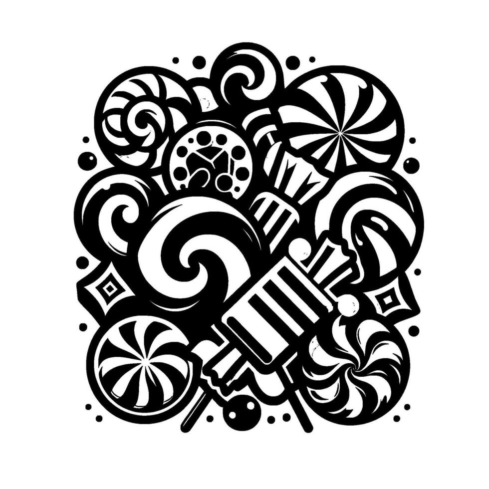 A , monochrome explosion of various candies, lollipops, and swirls creating a whimsical, abstract , perfect for playful and energetic themes. vector