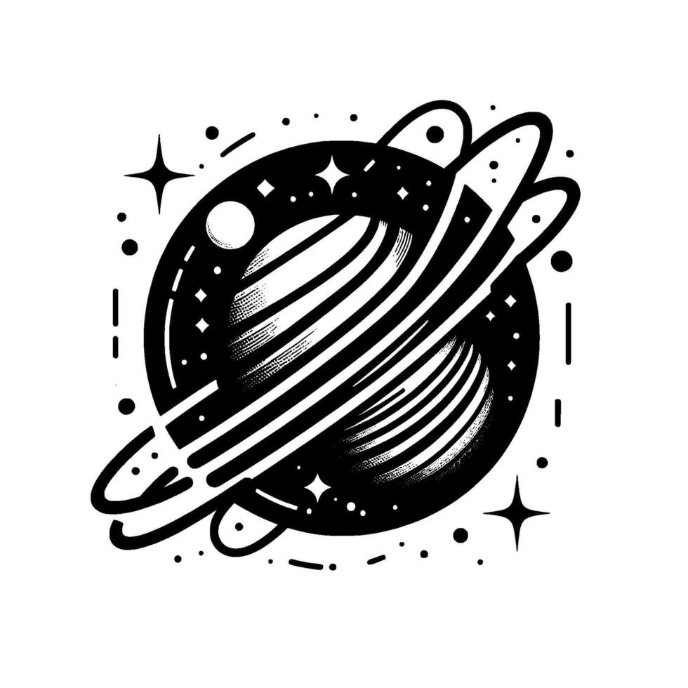 A stylized, monochrome illustration of a planet with prominent rings and stripes, encircled by stars and celestial elements, conveying a sense of cosmic wonder. vector