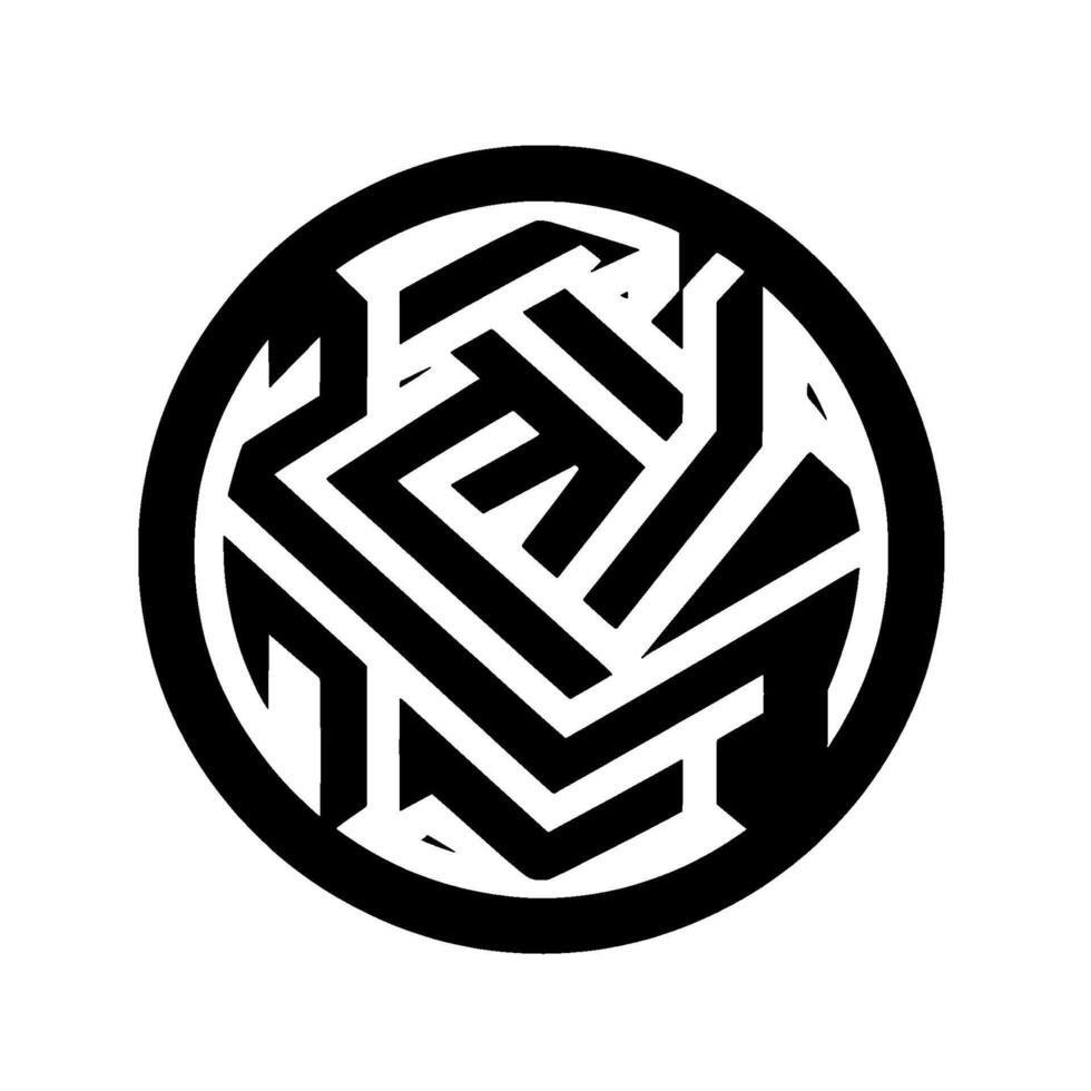 A circular geometric with a labyrinthine pattern constructed from bold, black lines within a white background. vector