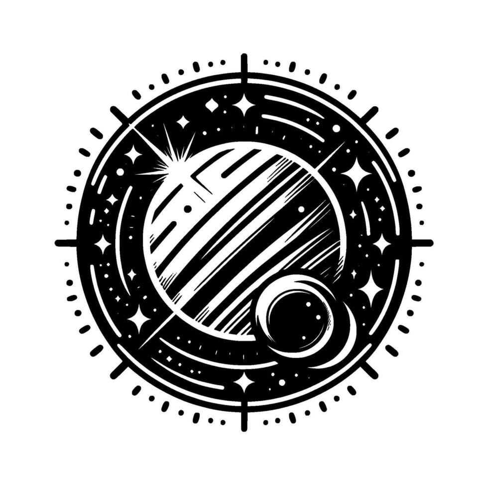 Celestial Black White Illustration Starry Planet, Moon, and Cosmic Compass with Geometric Lines and Elements vector