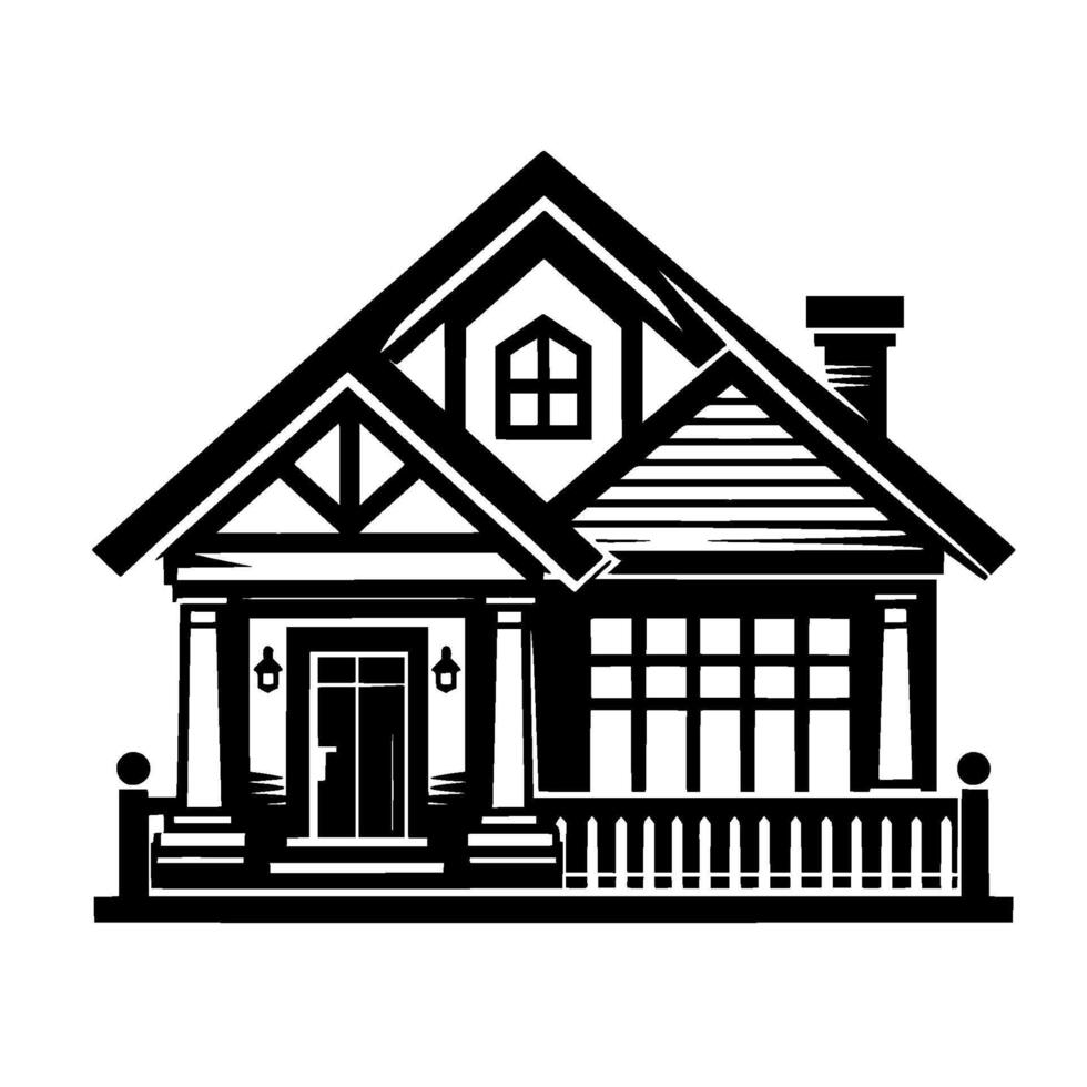 Detailed Black and White Illustration of a Classic TwoStory House with Gable Roof, Porch, Balustrade, and Chimney. vector