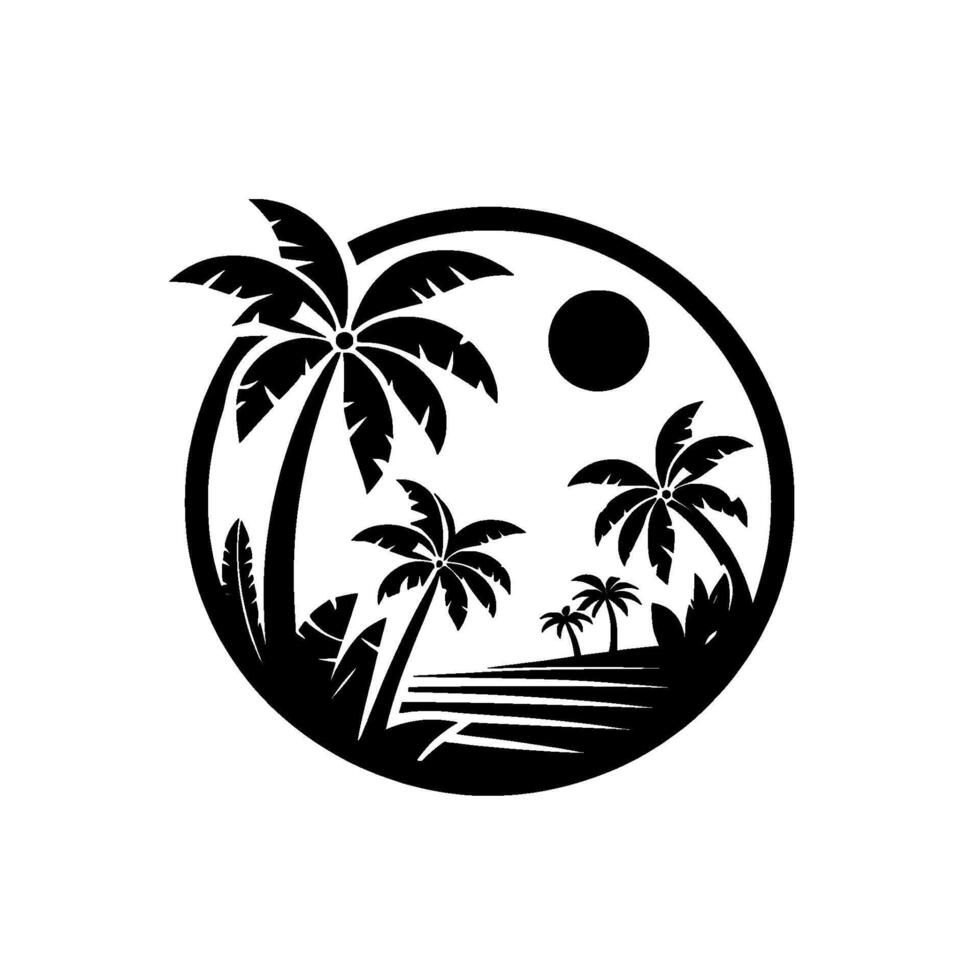 Black and White Tropical Paradise in a Circle Palm Trees, Sun, Mountains, and Coastline, A Beach Scene. vector