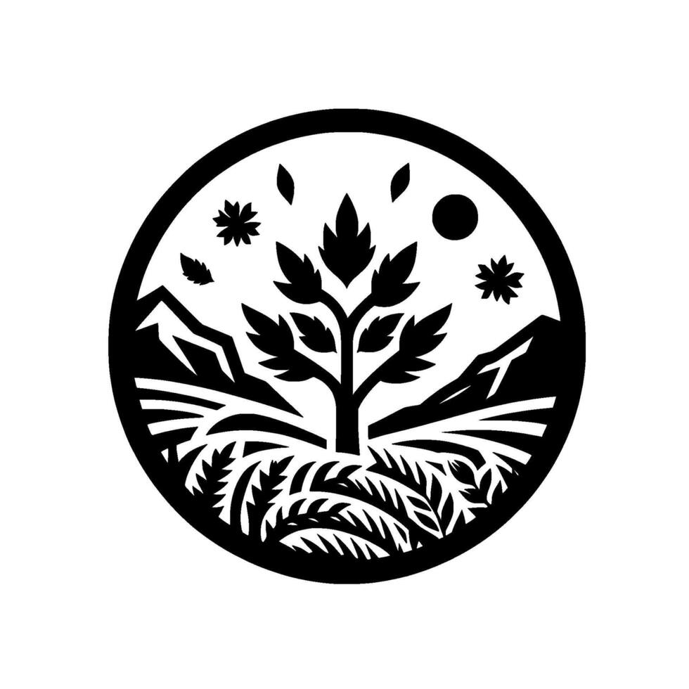 Black and white minimalist nature emblem a circular featuring a stylized tree, mountain range, plants, a sun and stars. vector