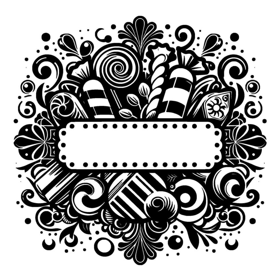 Elaborate Black and White Decorative Illustration CandyThemed Border with a Central Blank Rectangle, Featuring Ornate Swirls and Various Sweet Treats. vector