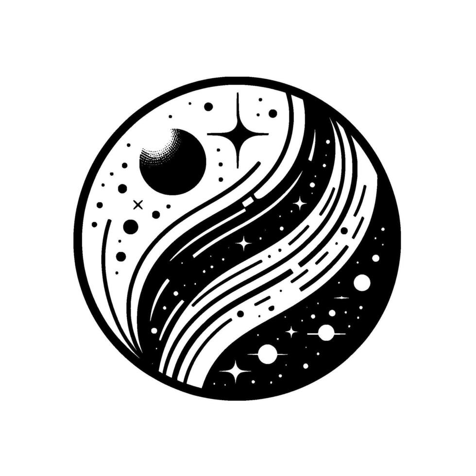 Black and white stylized cosmic yinyang symbol with celestial elements, a textured planet, stardust, and stars. vector