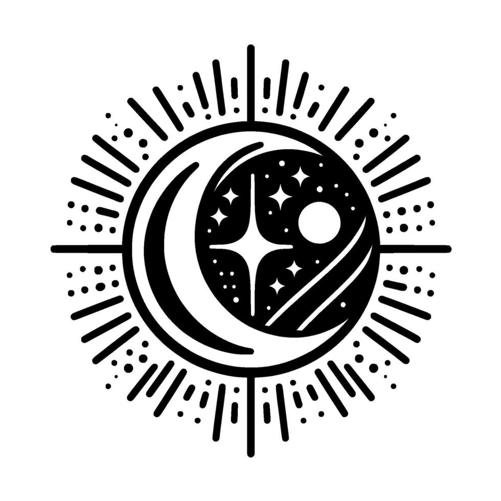 Minimalist Black and White Celestial Illustration Crescent Moon, Stars, and Sun Inside a Circular Burst . vector