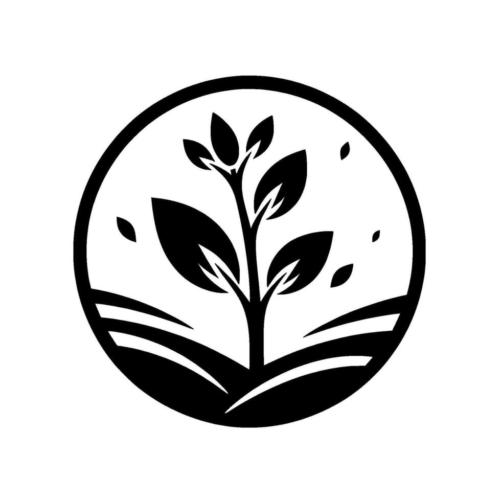 Circular black and white illustration of a stylized plant with leaves growing from the ground, conveying growth and natural elements. vector