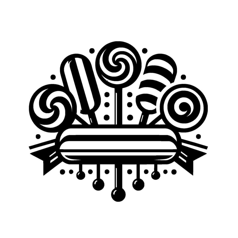 Black and white candy with a banner, featuring various lollipop designs, dots and a ribbonlike border. vector
