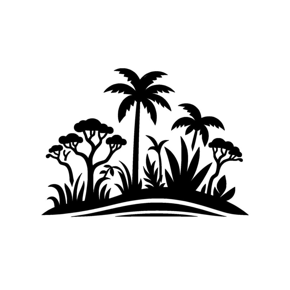 Stylized Black White Tropical Landscape Illustration with Palm Trees, Grass, and Various Plants Silhouetted Against a White Background. vector