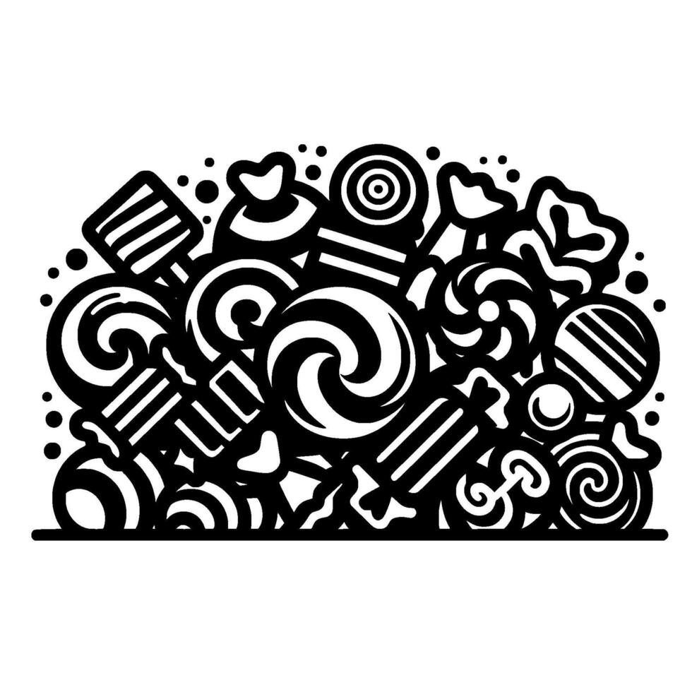 A monochrome illustration depicting a dense pile of various candies, lollipops, and sweets, rendered in a bold, style with stark black and white contrasts. vector