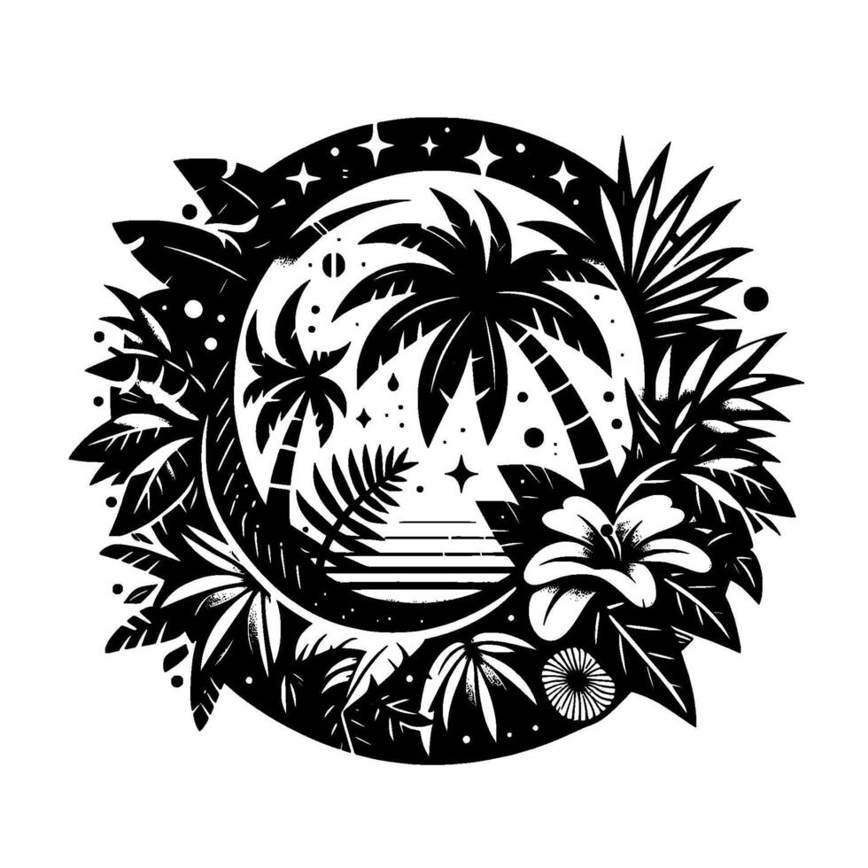 Tropical Island Paradise in Black and White Circular composition with palm trees, floral elements, and a starlit night sky, evoking a serene, vacation vibe. vector