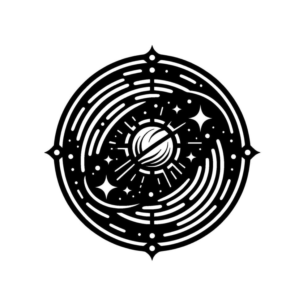Stylized Black and White Cosmic Mandala Planet Orbited by Rings, Stars, and Radial Lines, Geometric Aesthetic. vector