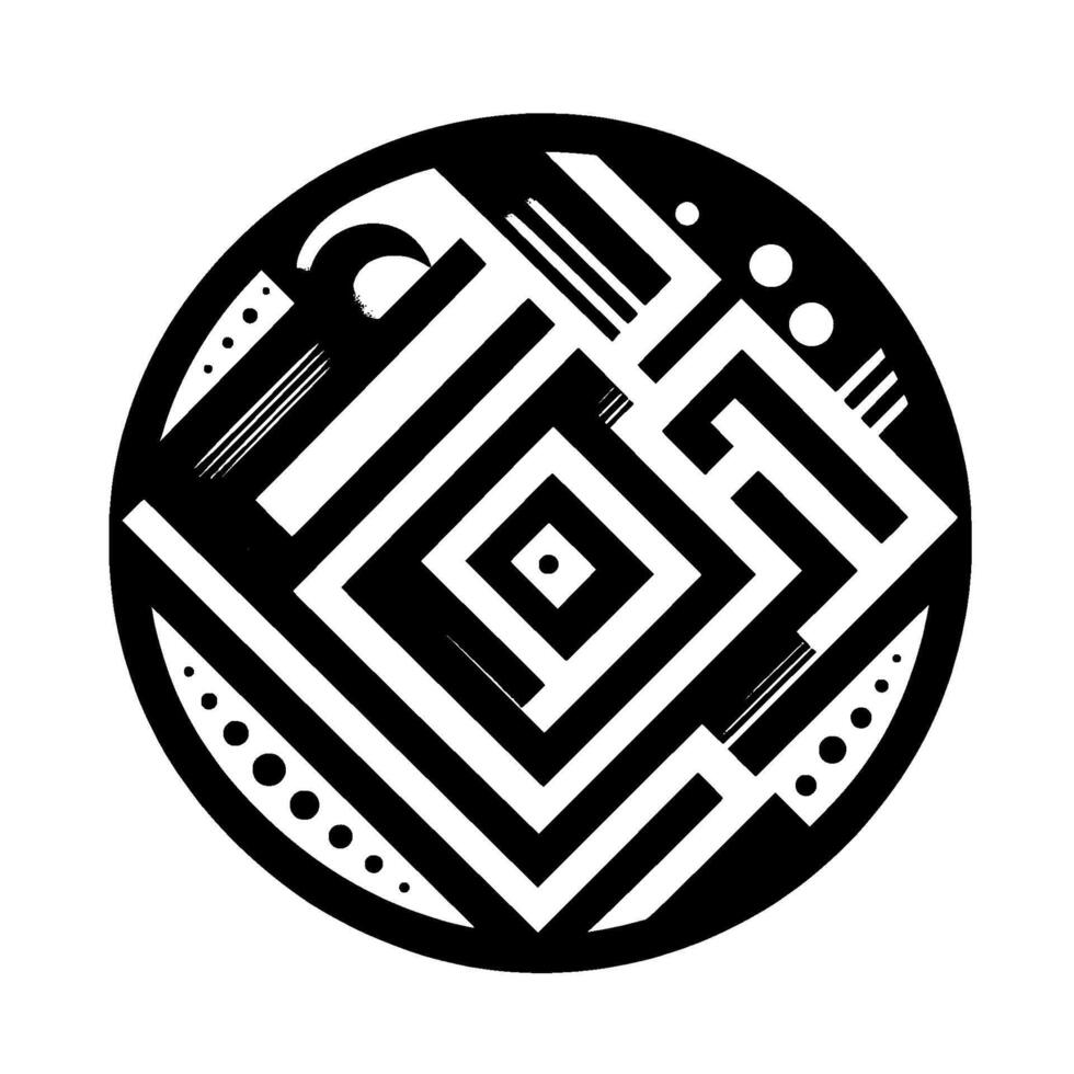 Monochromatic Geometric Composition Circular artwork with contrasting black and white elements squares, lines, and dots creating complex pattern and depth. vector