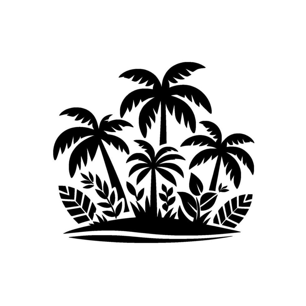 Silhouette Illustration of a Tropical Paradise Palm Trees, Lush Foliage, and Island Scenery, Black and White . vector