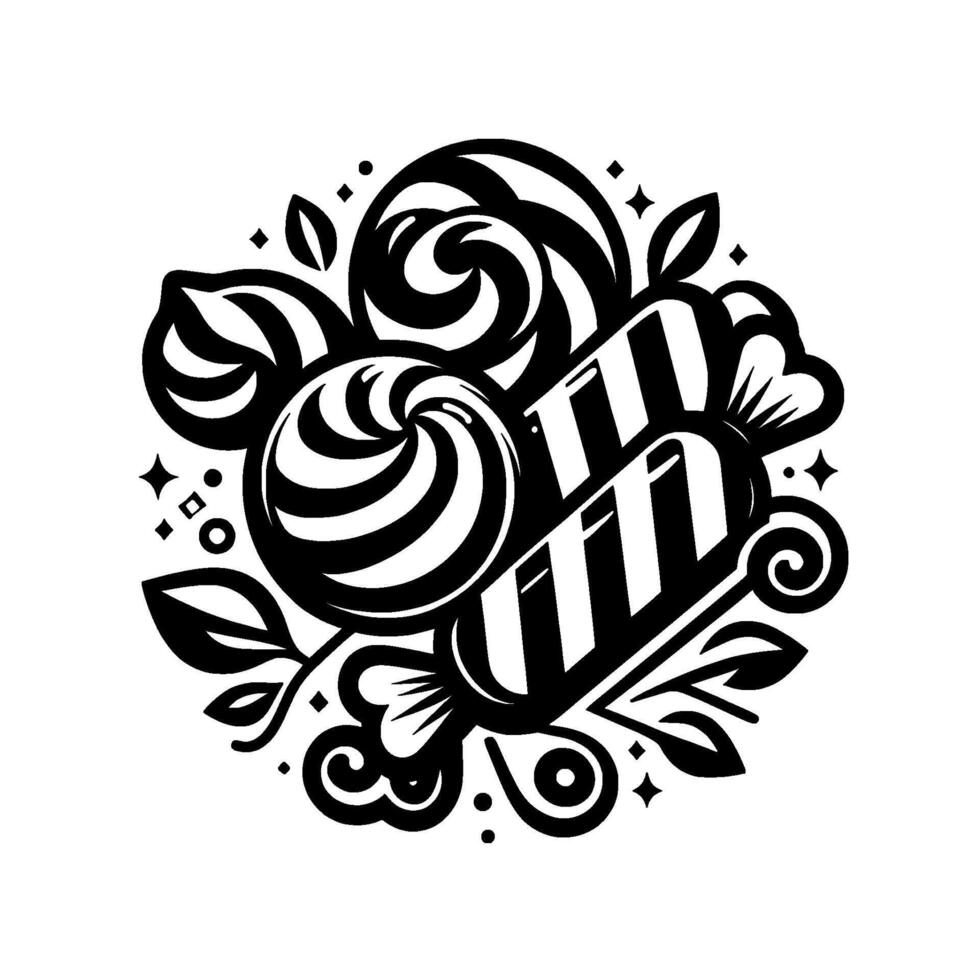 A monochrome candy bouquet featuring swirled lollipops, striped hard candies, and delicate floral and leaf accents, arranged on a white background with playful illustrative flair. vector