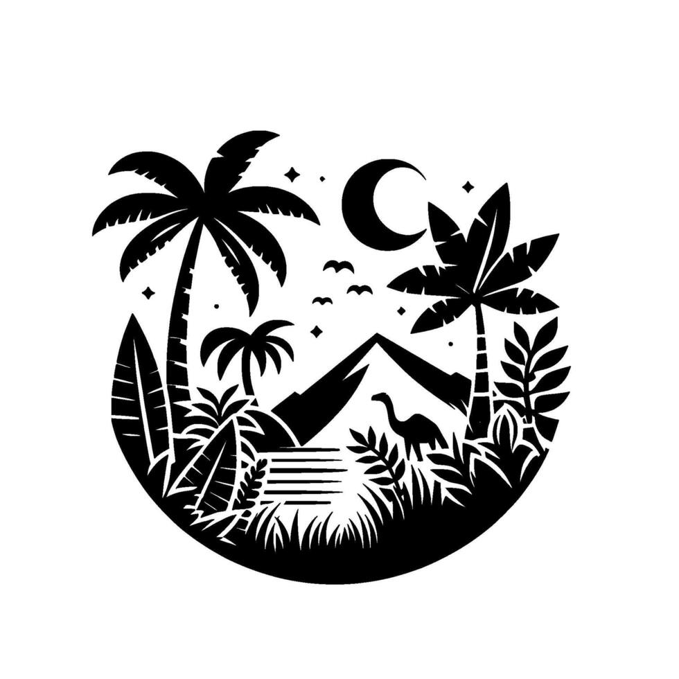 Black and White Illustration Tropical Night Scene with Crescent Moon, Palm Trees, Mountains, and a Dinosaur Silhouette. vector