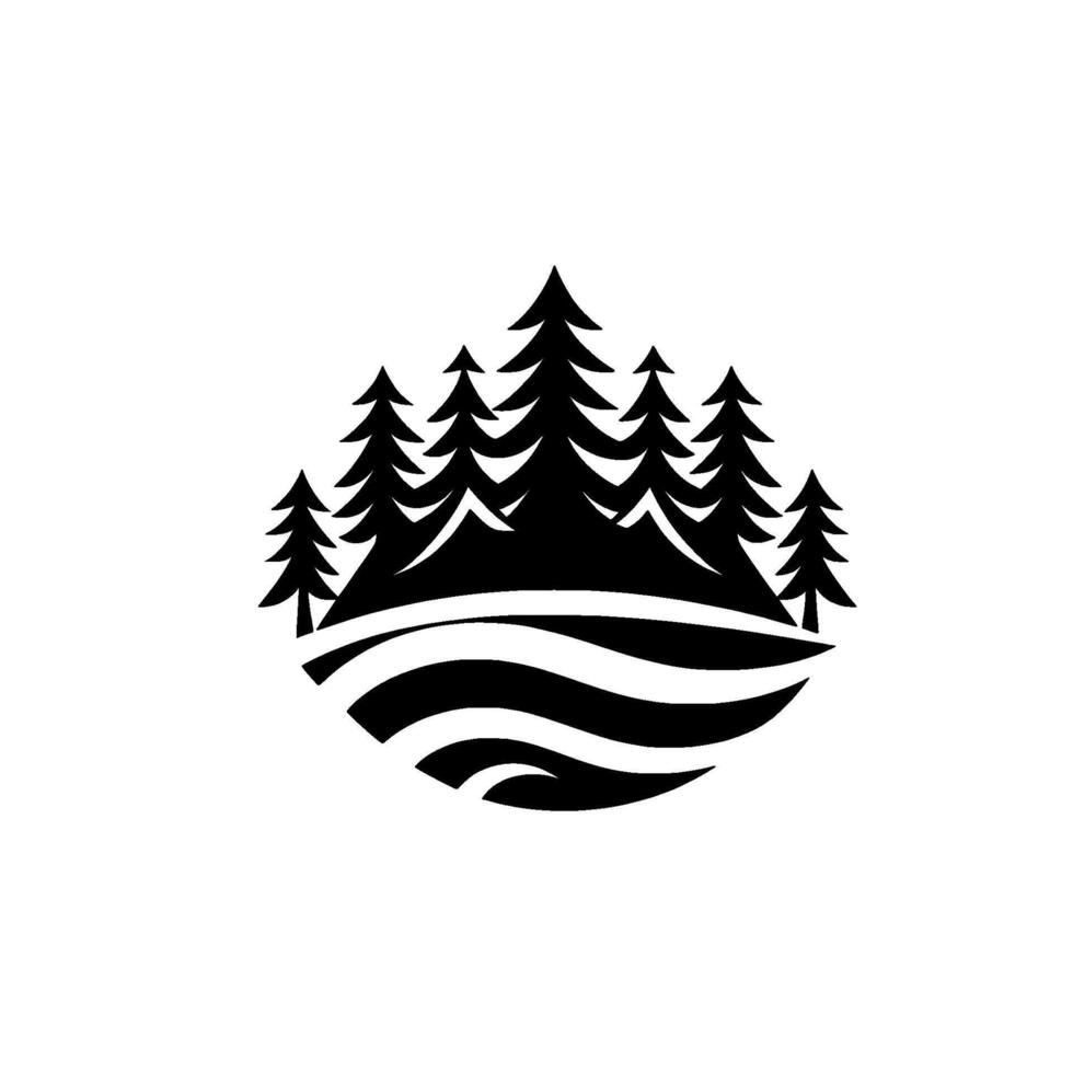 Stylized Black and White Illustration of Evergreen Trees on a Hillside with Wavy Water, Set Within a Circular Shape, Against a White Background. vector