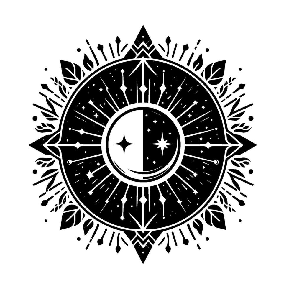 Intricate Celestial Mandala Black and White featuring a Crescent Moon with Stars, surrounded by radiating Lines, Geometric Accents, and stylized Foliage. vector