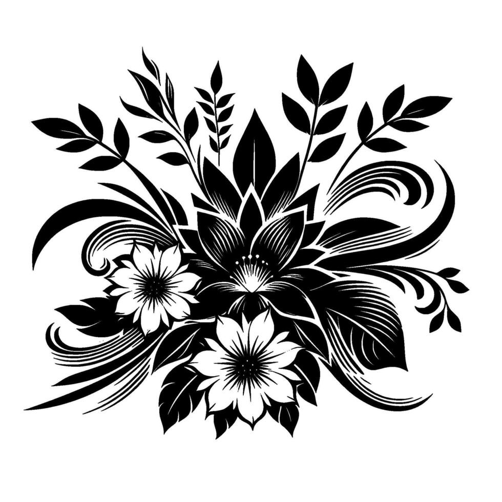 A stunning monochromatic floral composition, featuring a bouquet of stylized flowers, intricate leaves, and elegant swirling elements on a white background, highlighting contrast and detail. vector