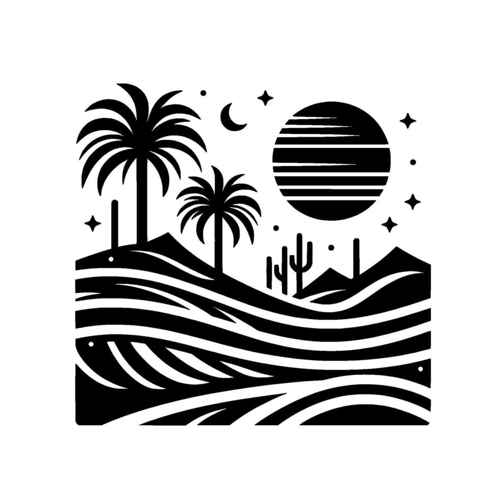 Minimalist Black and White Desert Landscape with Palm Trees, Cactus, Crescent Moon, Sun and Stars, a Art Illustration vector