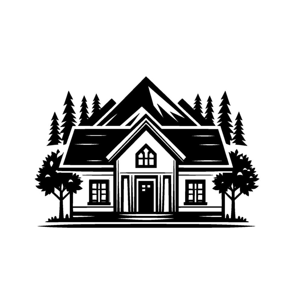 A stylized, monochrome illustration of a mountain cabin, surrounded by stylized trees and a prominent mountain backdrop, evoking a sense of wilderness and simplicity. vector