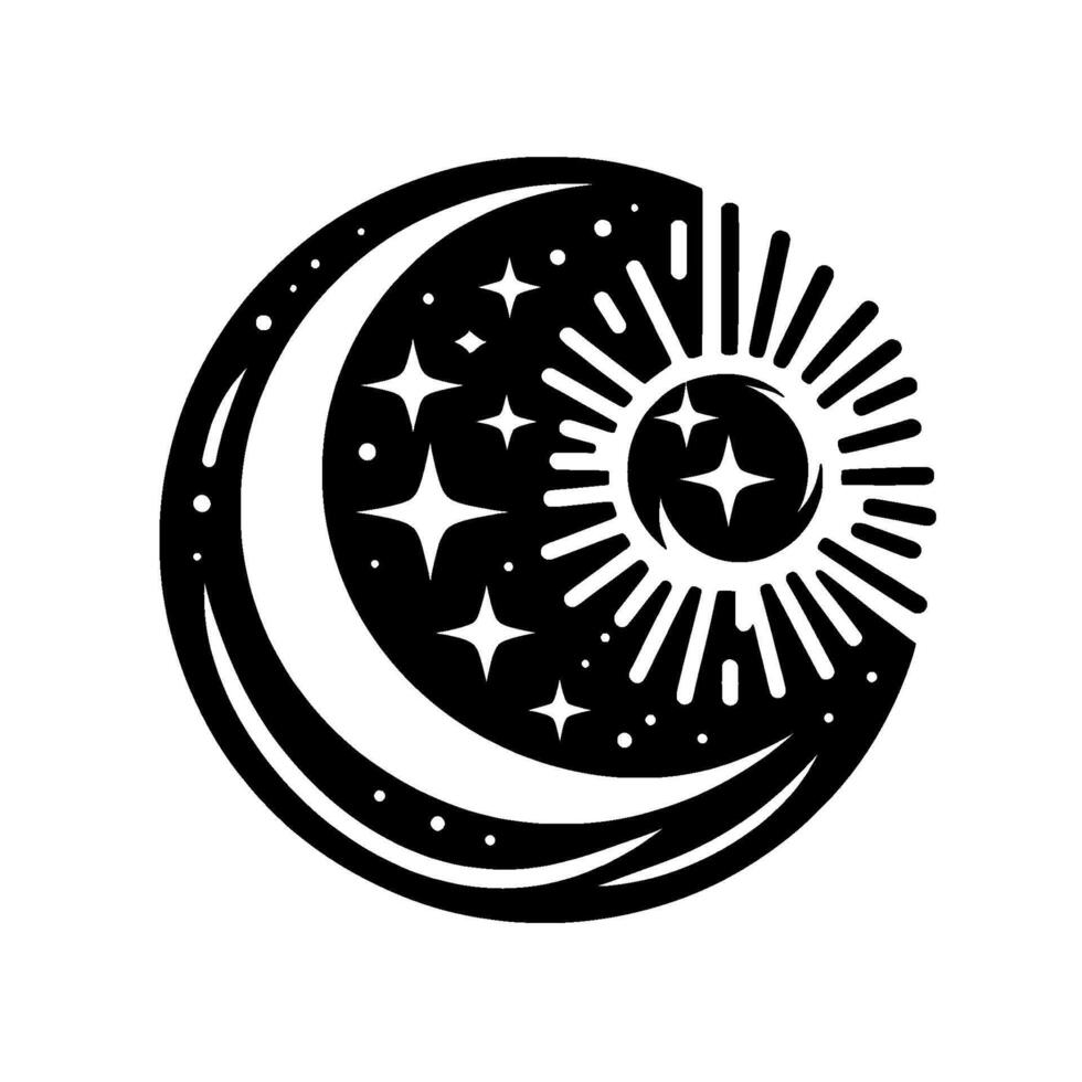 Black and white celestial with a crescent moon, stars, and sun forming a harmonious, balanced composition, radiating mystical energy. vector
