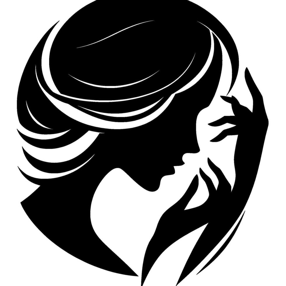 Elegant Silhouette of a Woman with Flowing Hair, Hands Near Face, in a Circular, Black and White Minimalist Composition. vector