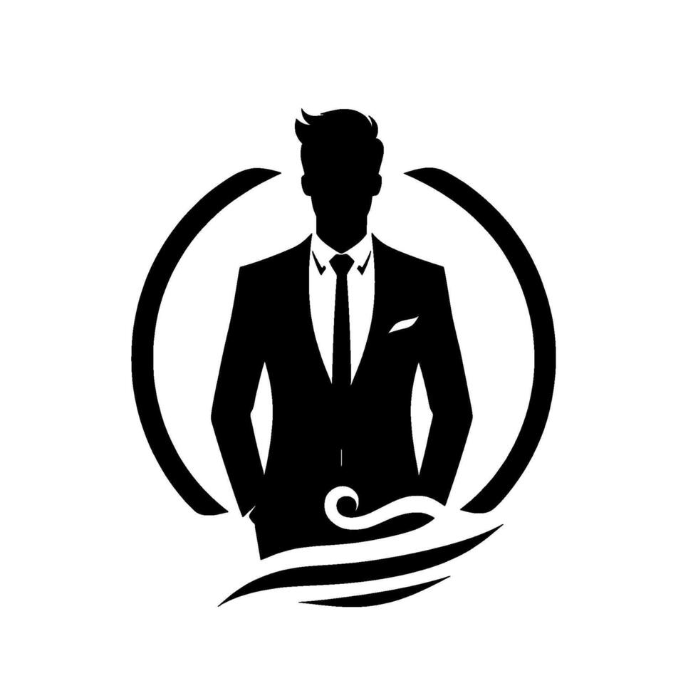 Elegant Black Silhouette of a Stylish Man in a Suit, within a Circular Emblem with Wavelike Elements, on a White Backdrop. vector