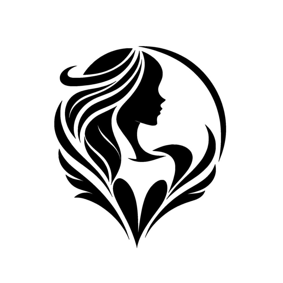 Elegant Silhouette of a Womans Profile Encircled with Flowing Hair, Framing Elements in a Modern, Organic . vector