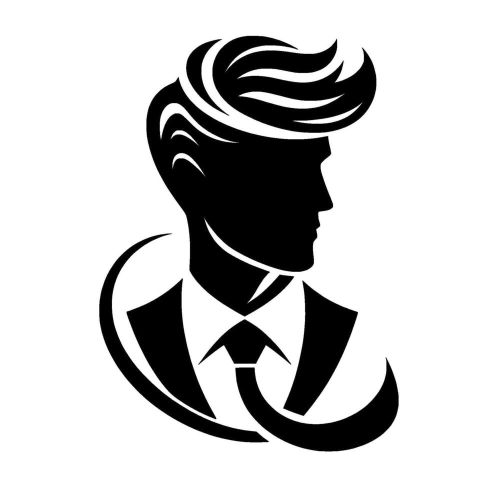 Stylish Silhouette A Sophisticated Gentleman in a Suit with a Bold, Textured Hairstyle, set against a Clean White Background. vector