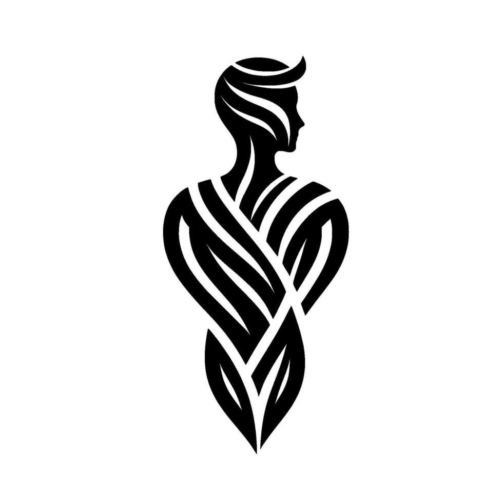 A stylized, abstract silhouette of a person with head turned to the side, body formed by intertwined, leaflike black lines on a white background. vector