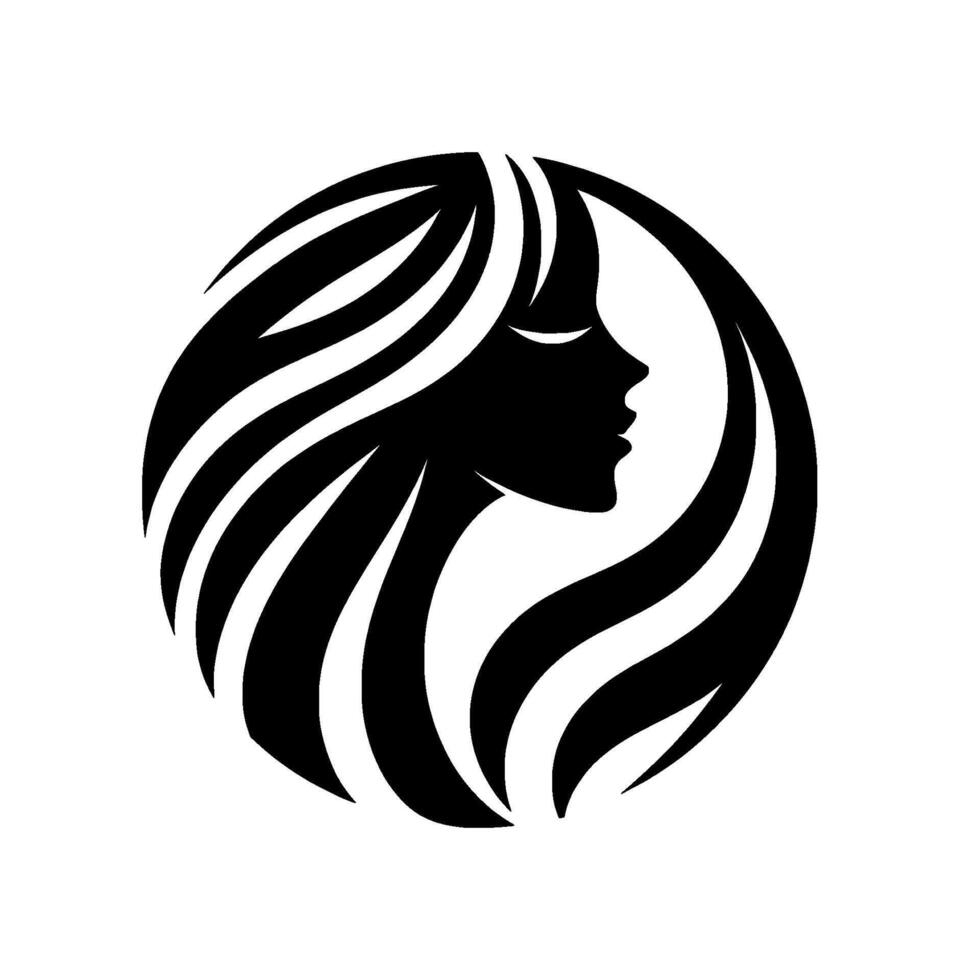 Silhouette of a Woman with Flowing Hair within a Circle, A Monochromatic Artistic Representation, Symbolic of Beauty and Grace. vector