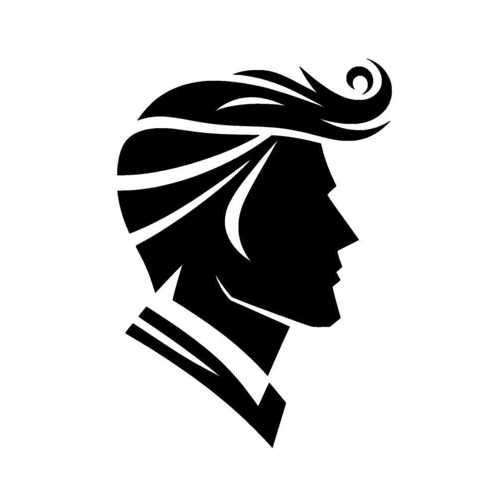 Stylish Black Silhouette of a Mans Head in Profile with Elegant Swirl Hairstyle, Geometric Neckline. vector