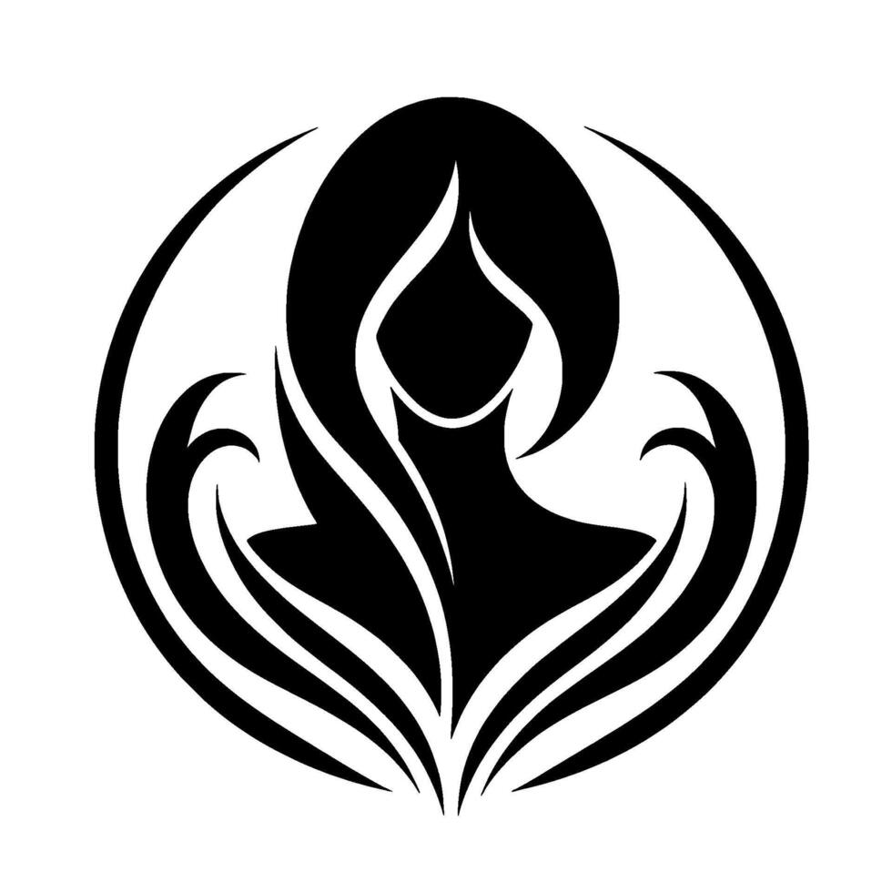 Symbolic Black and White Circular Featuring a Silhouetted Woman, Curly Waves, and Elegant Flowing Lines. vector