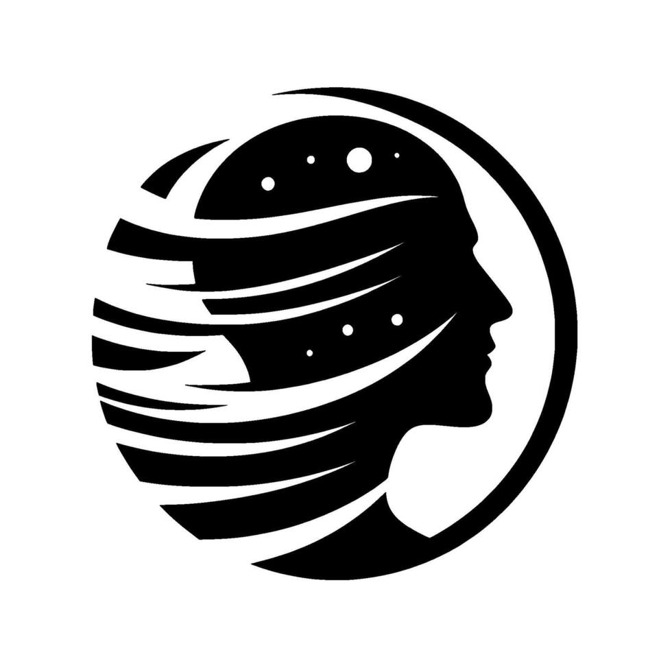 Silhouette of a human profile within a circle, stylized with flowing lines and celestial dots, evoking thoughts, innovation, and mind. vector