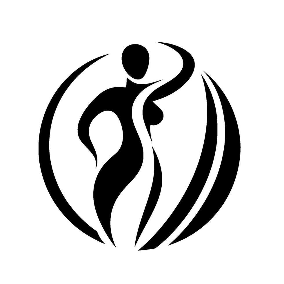 Silhouette of an elegant woman in a graceful pose, enclosed within an abstract circular frame, rendered in bold black against a stark white backdrop, evoking motion and style. vector