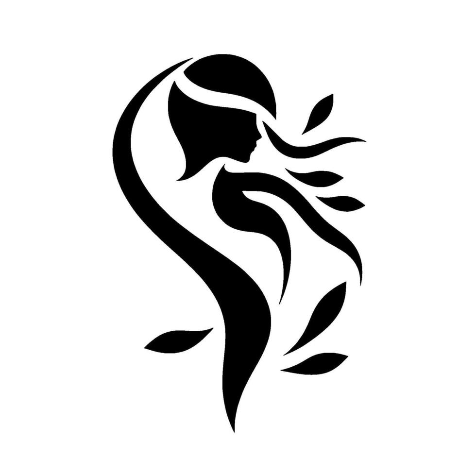 Silhouette of a womans profile intertwined with flowing lines and leaf elements, creating a graceful, artistic composition in black and white. vector