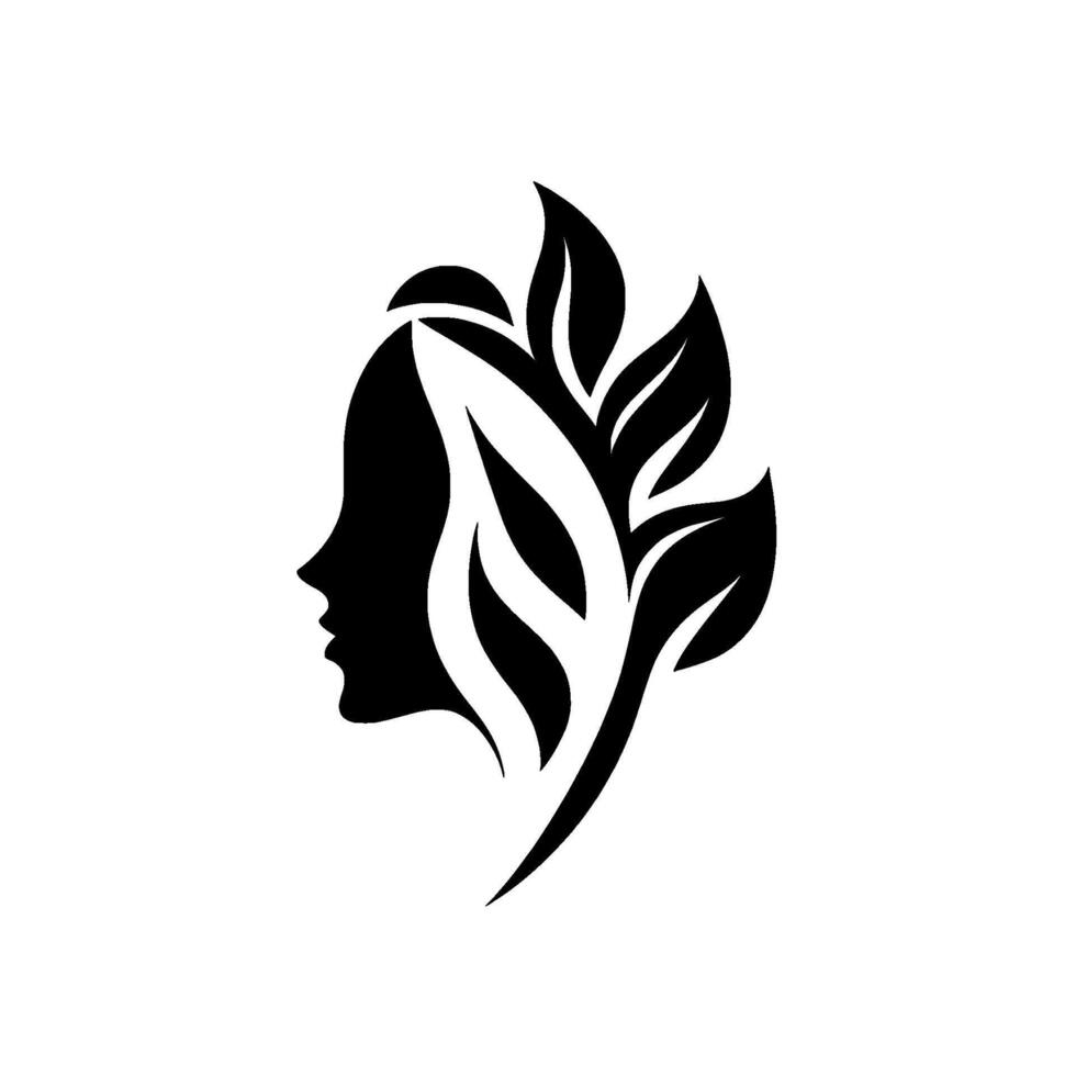 Silhouette of a womans profile intertwined with stylized leaves in a black and white, minimalist , embodying nature and beauty. vector