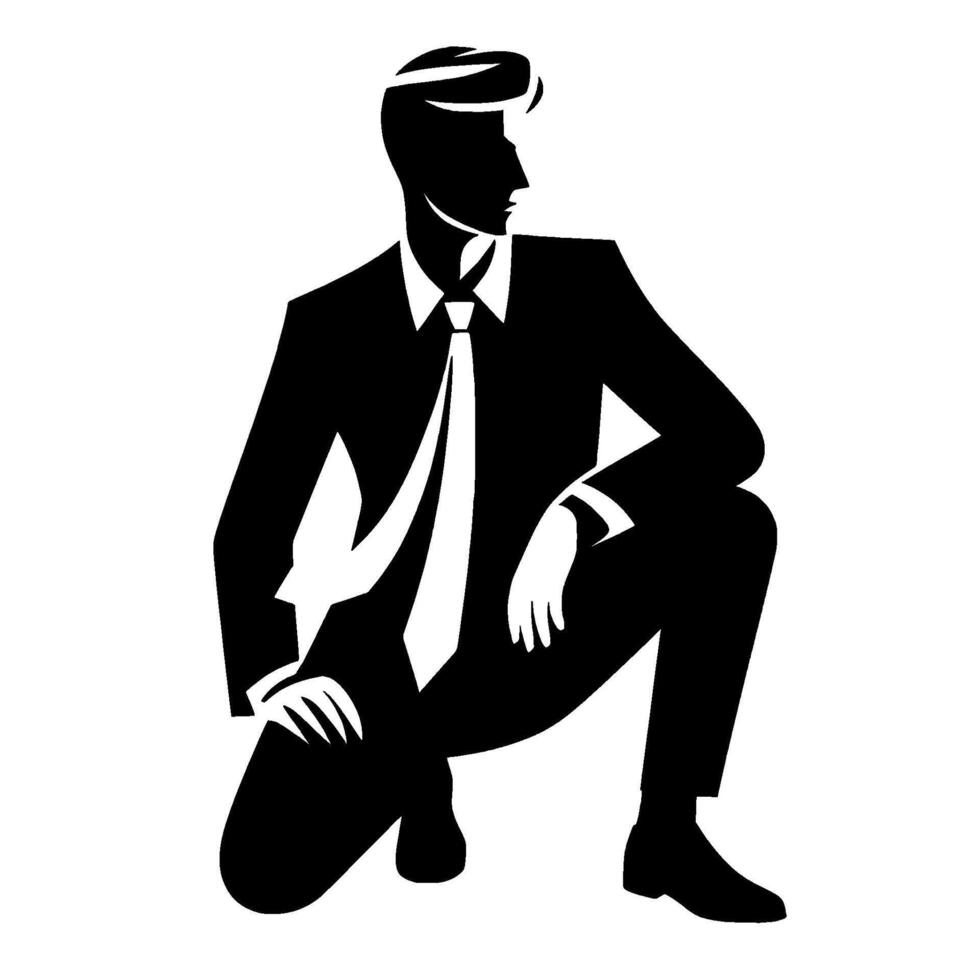 Black and White Illustration of a Squatting Man in a Suit, Looking to the Side, in a Simple, Style. vector