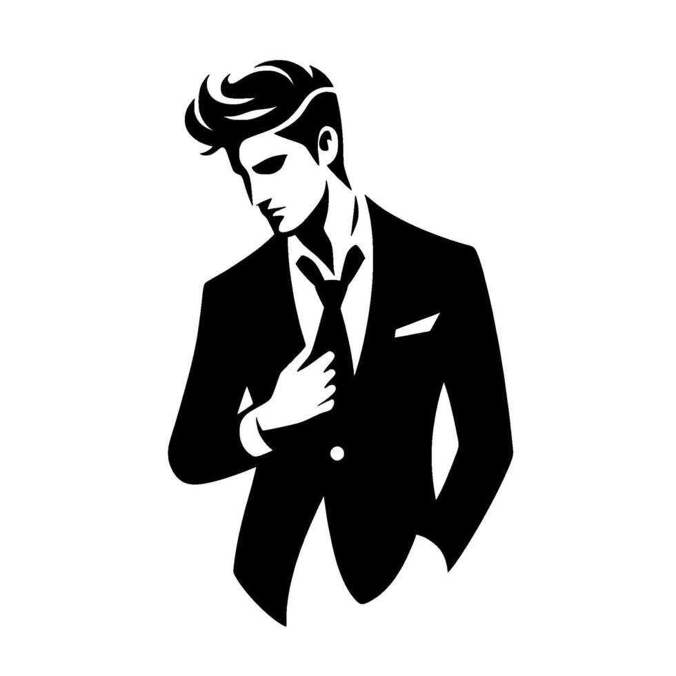 Elegant Silhouette A Dapper Gentleman in a Tailored Suit, Gazing Downward with a Touch of Introspection, Monochrome Style. vector