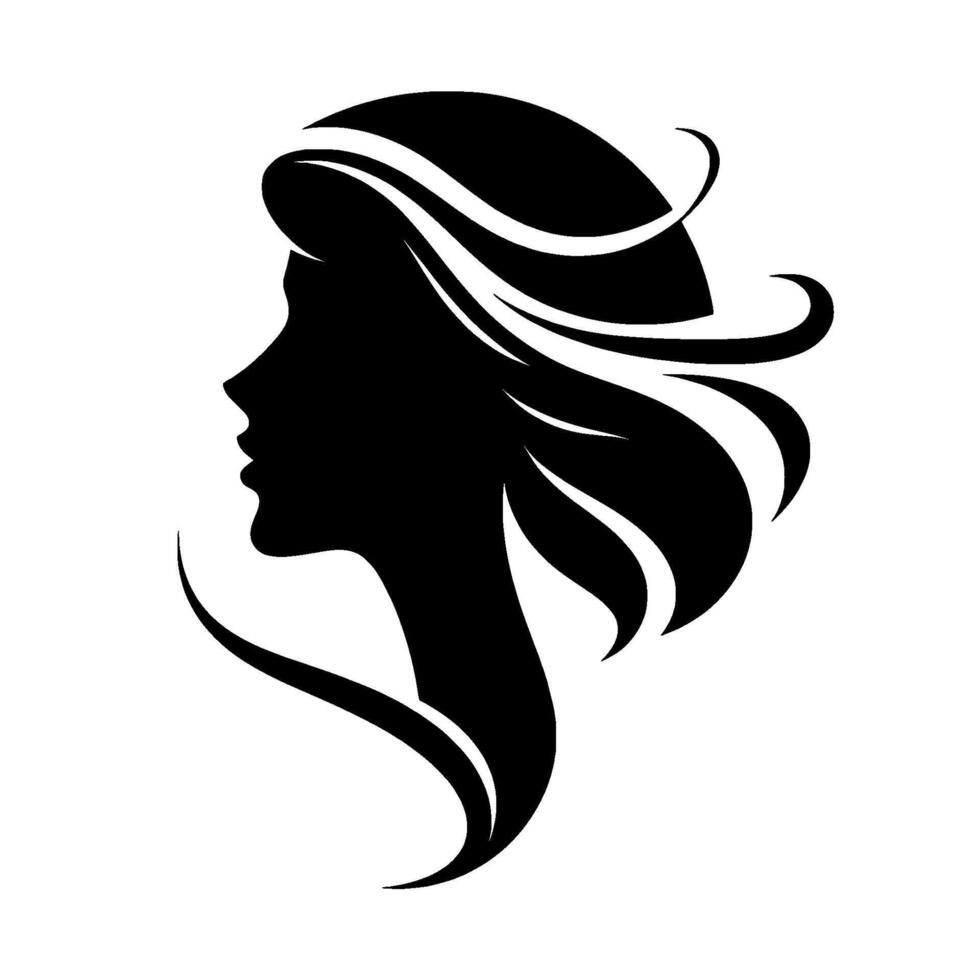 A stylish black silhouette of a womans profile, showcasing flowing hair with elegant curved lines against a clean white background, embodying grace and beauty. vector