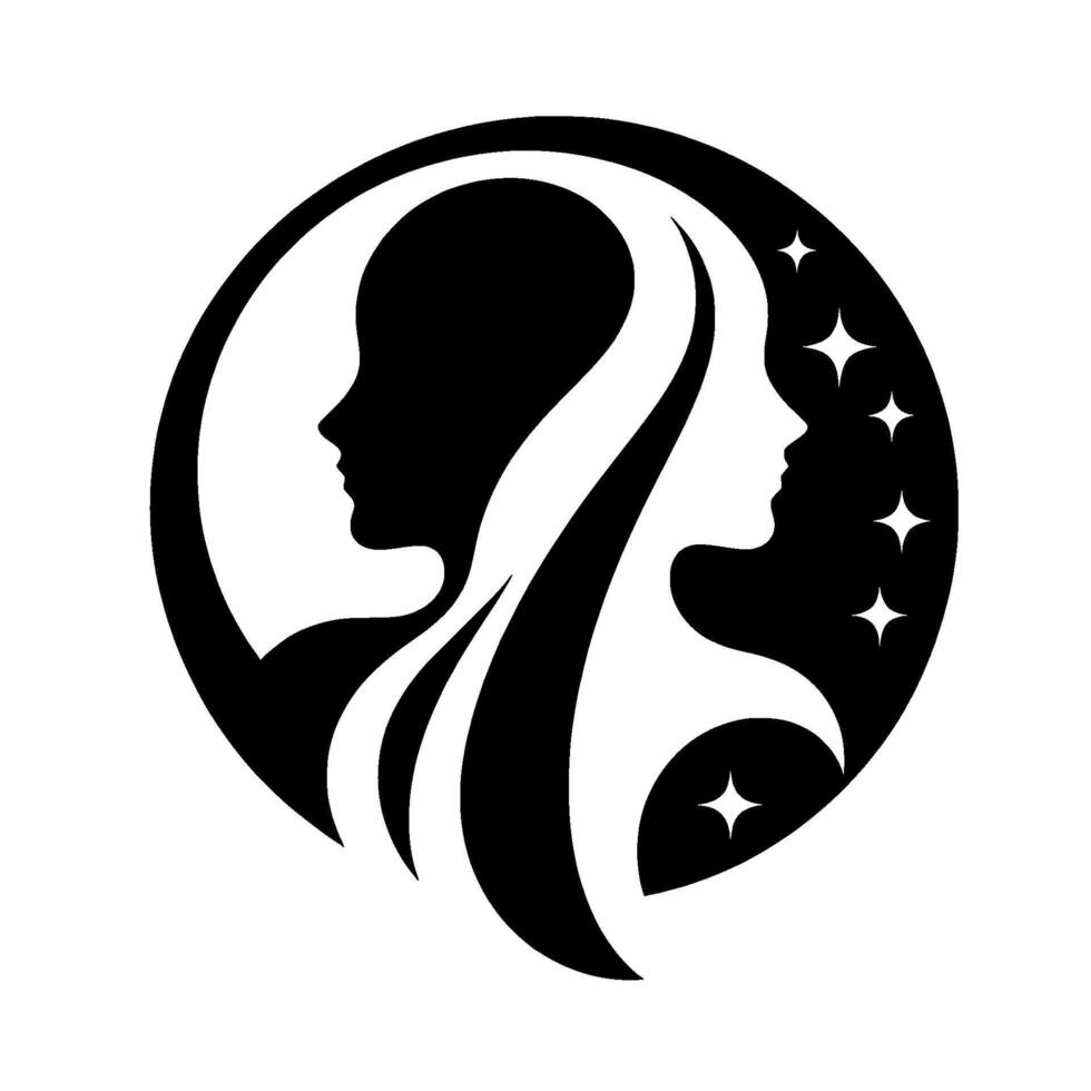 Yin and Yang Silhouette Two female profiles in a circle a black figure with stars and a white profile against each other, elegant. vector